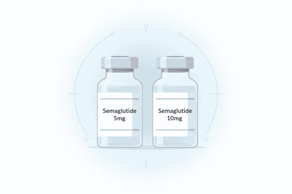 Two Semaglutide vials side by side showing 5mg and 10mg dosage options on a clean medical background with measurement graphics
